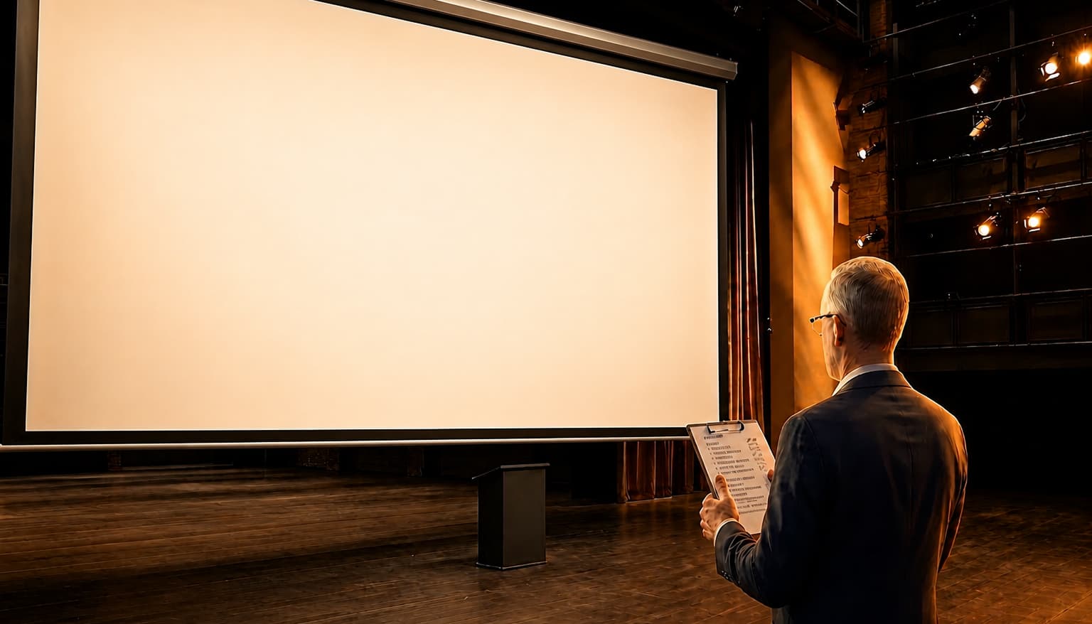 Chef steht vor der Leinwand