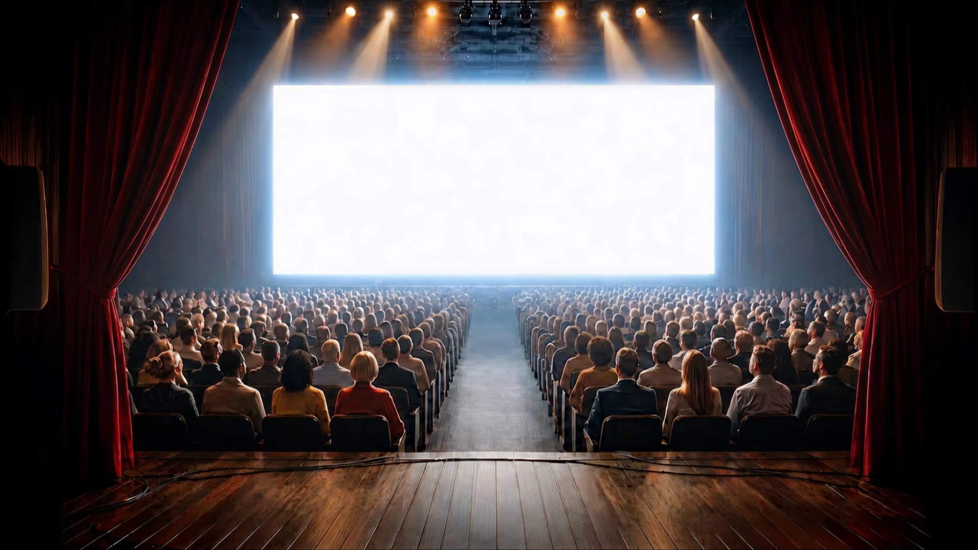 Vollbesetzter Theatersaal aus Bühnenperspektive mit großer Projektionsleinwand — symbolisiert professionellen Veranstaltungsbetrieb
